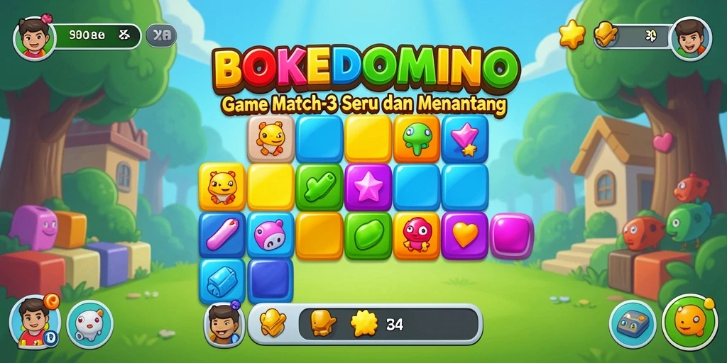 Screenshot gameplay BOKEDOMINO yang menampilkan fitur Match-3 yang seru.