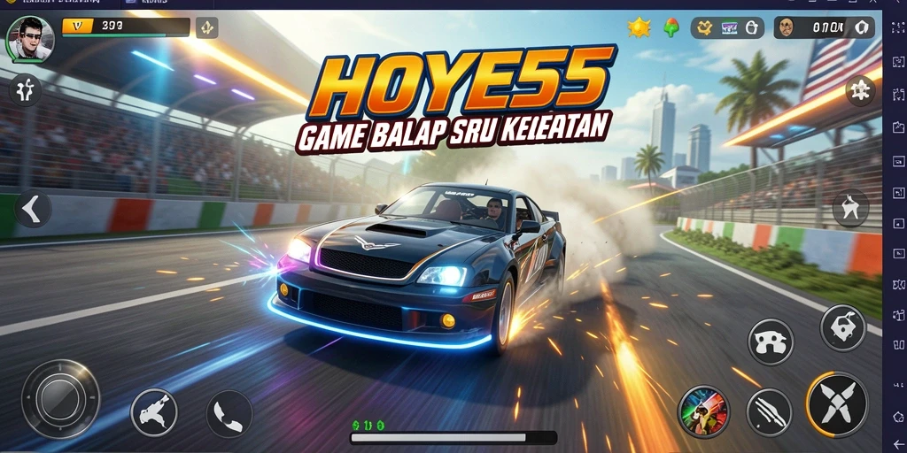 Screenshot gameplay HOYE55 dengan mobil balap yang melaju cepat.