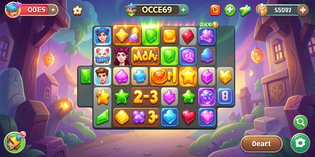 Tangkapan layar OCE69 menampilkan gameplay Match-3 yang menarik dan berwarna-warni.
