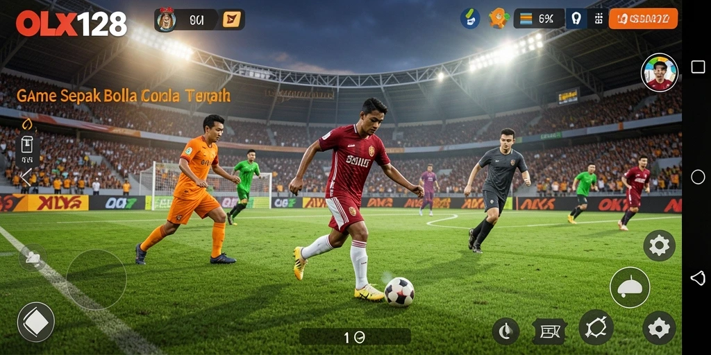 Tampilan gameplay OLX128 dengan aksi seru di lapangan sepak bola.