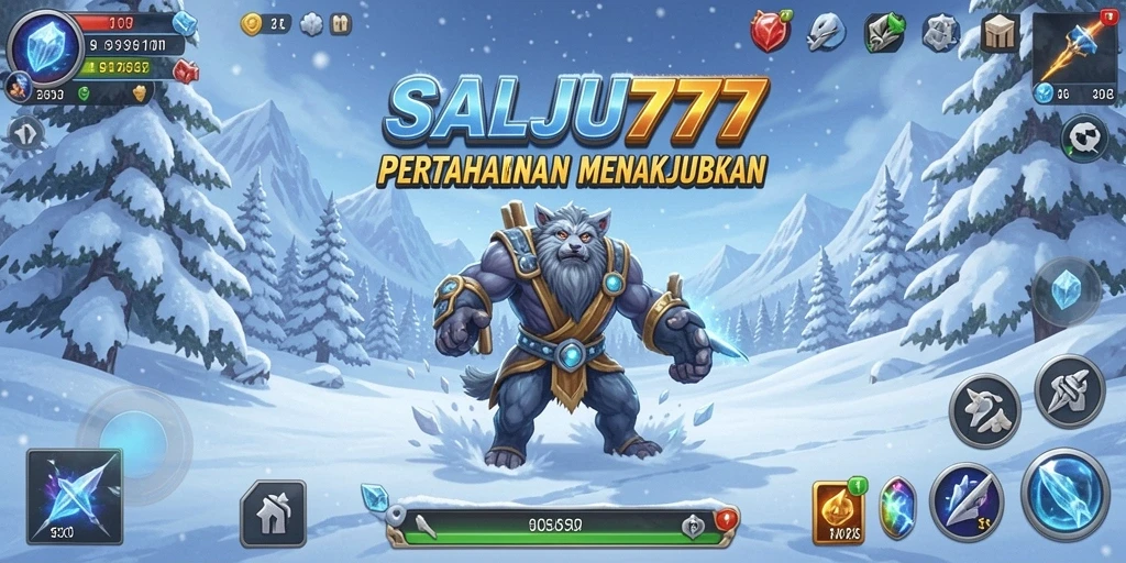Tampilan menakjubkan gameplay Tower Defense SALJU777 dengan menara salju yang indah.